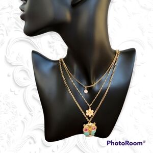 3/$30 DAINTY Kidcore Tiered Layered Owl Flower Faux Opal Layered Chain Necklace